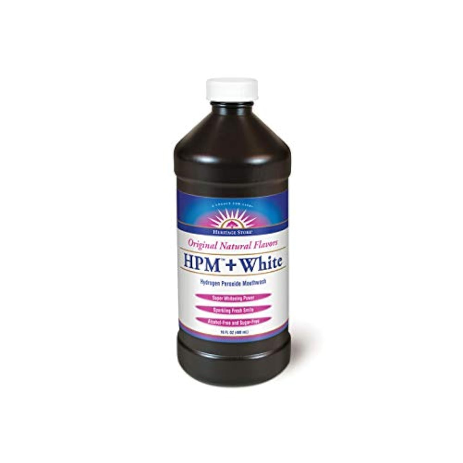 Close-up of Heritage Store mouthwash bottle label with natural extracts