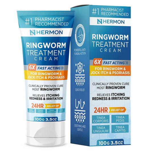 Hermon antifungal ringworm cream bottle close-up showing 100ml for fast relief on skin.