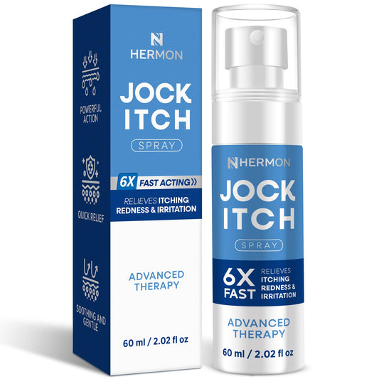 Hermon Jock Itch Spray bottle demonstrates quick-acting relief with easy spray application.