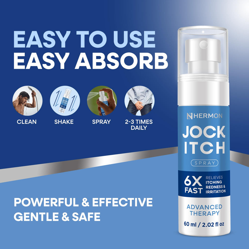 Hermon Jock Itch Spray packaging shows compact bottle for travel use.