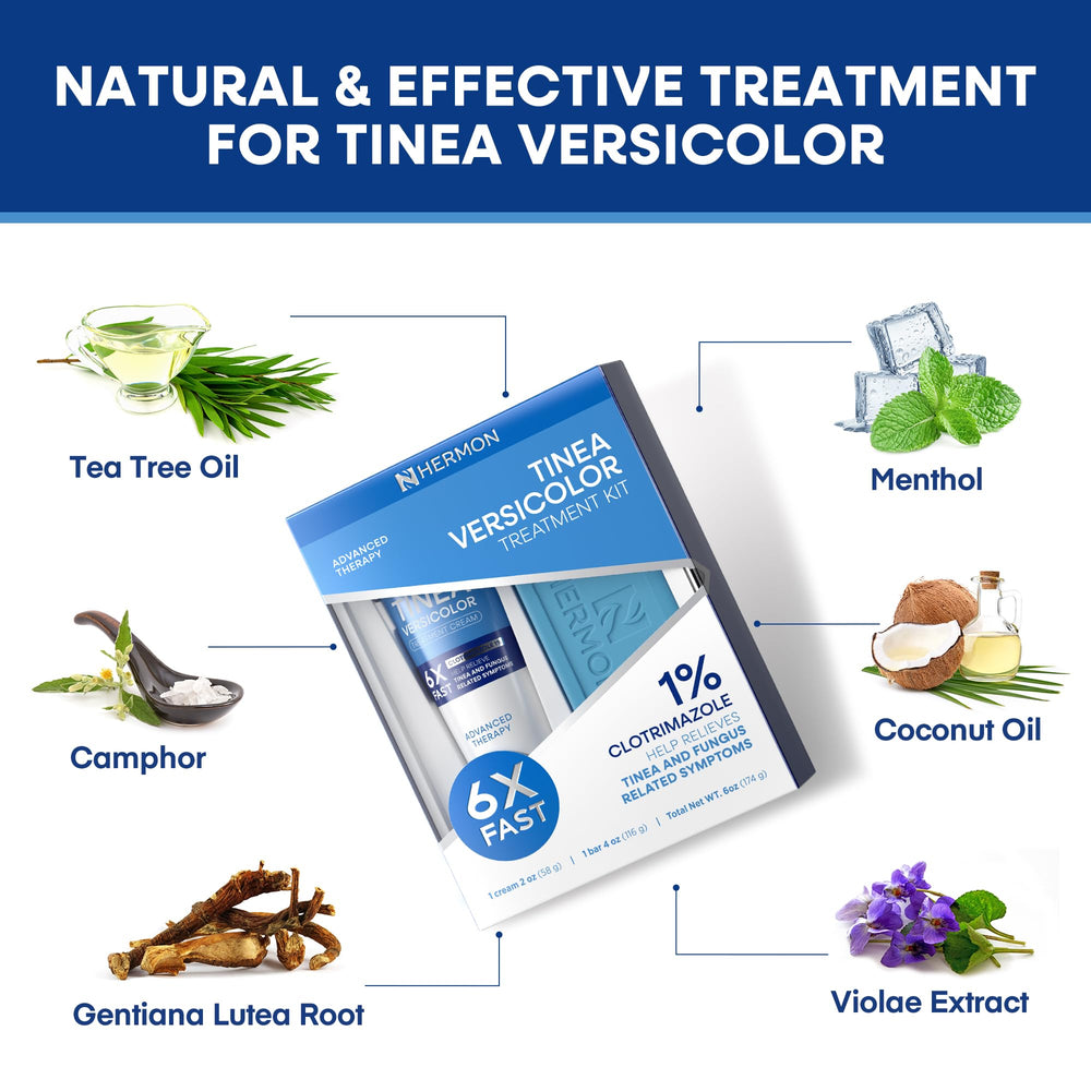 Hermon Tinea Advanced Therapy Formula highlights fast-acting treatment potential.