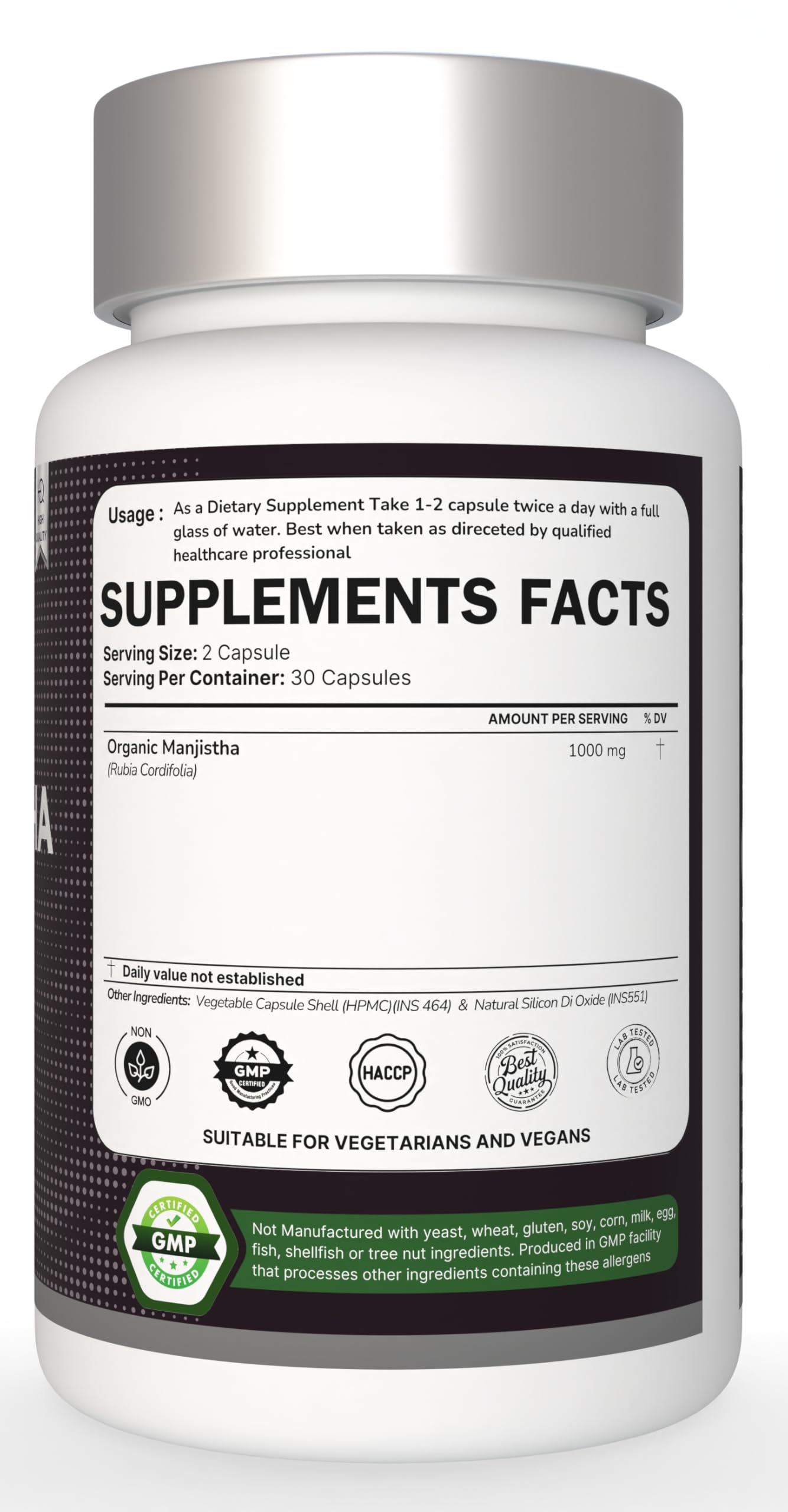 Back label of Heroot Organic Manjistha Root 400mg bottle