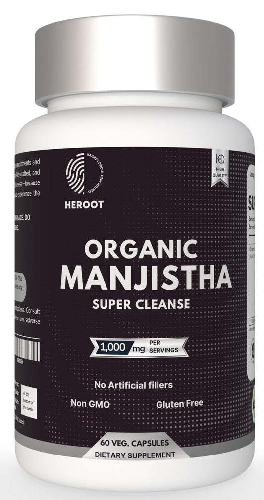 Front view of Heroot Organic Manjistha Root 400mg bottle