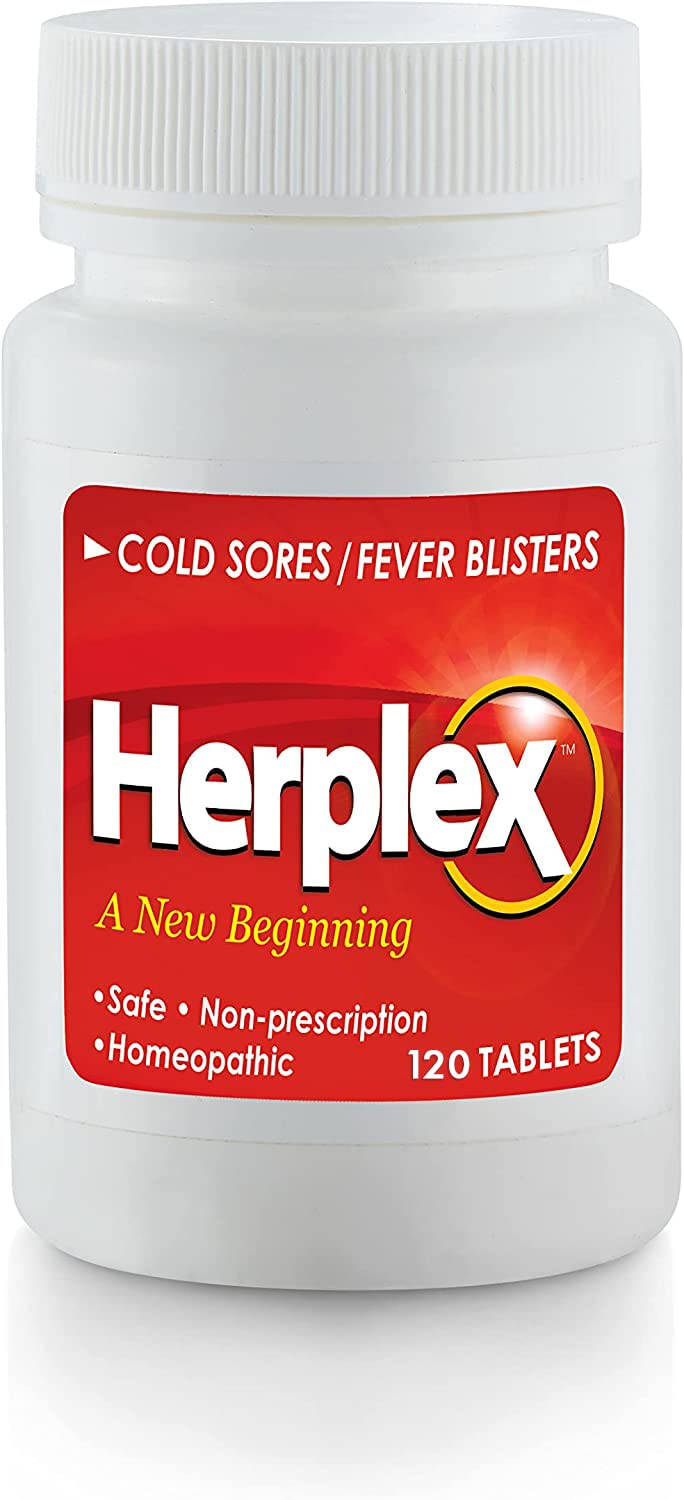 Herplex Premium Tablets bottle offers convenient OTC relief for cold sore symptoms