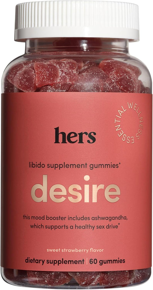 Bottle of Hers Desire Libido Gummies showing vegan, gluten-free, 60 count