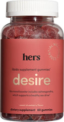 Bottle of Hers Desire Libido Gummies showing vegan, gluten-free, 60 count