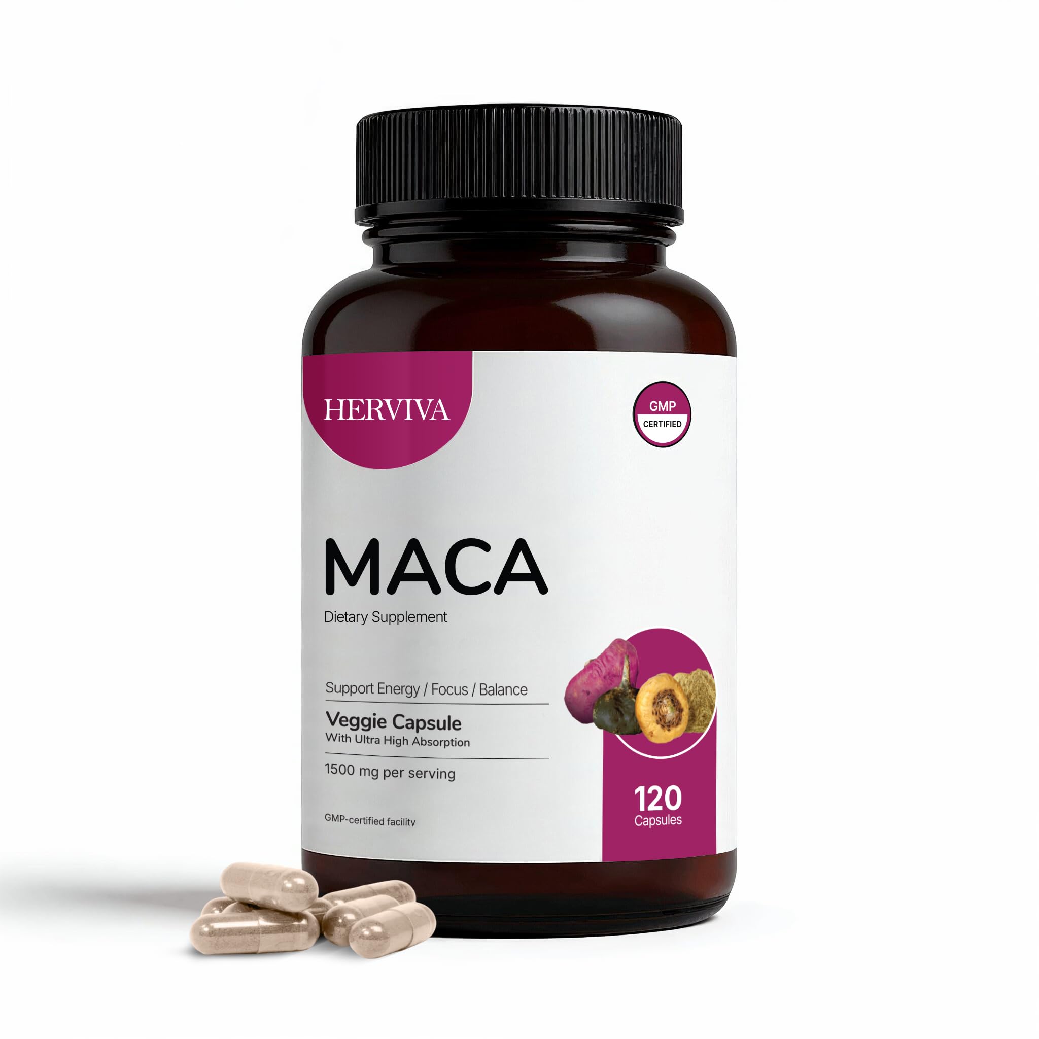 HERVIVA Maca Root Capsules bottle front label