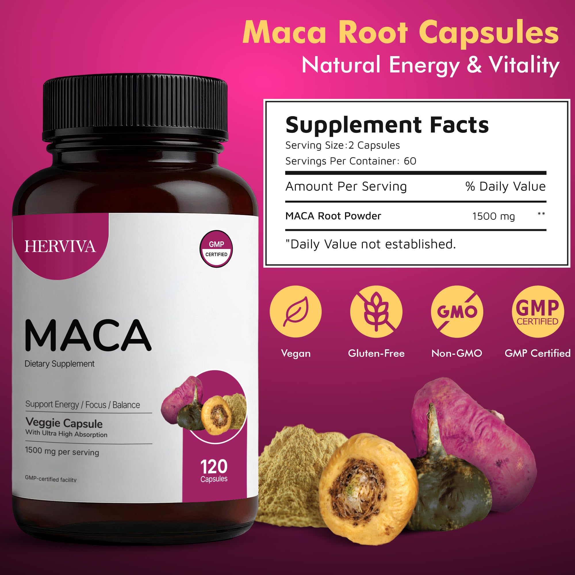 HERVIVA Maca Root Capsules bottle with label close-up