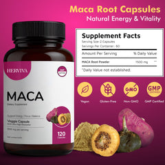 HERVIVA Maca Root Capsules bottle with label close-up