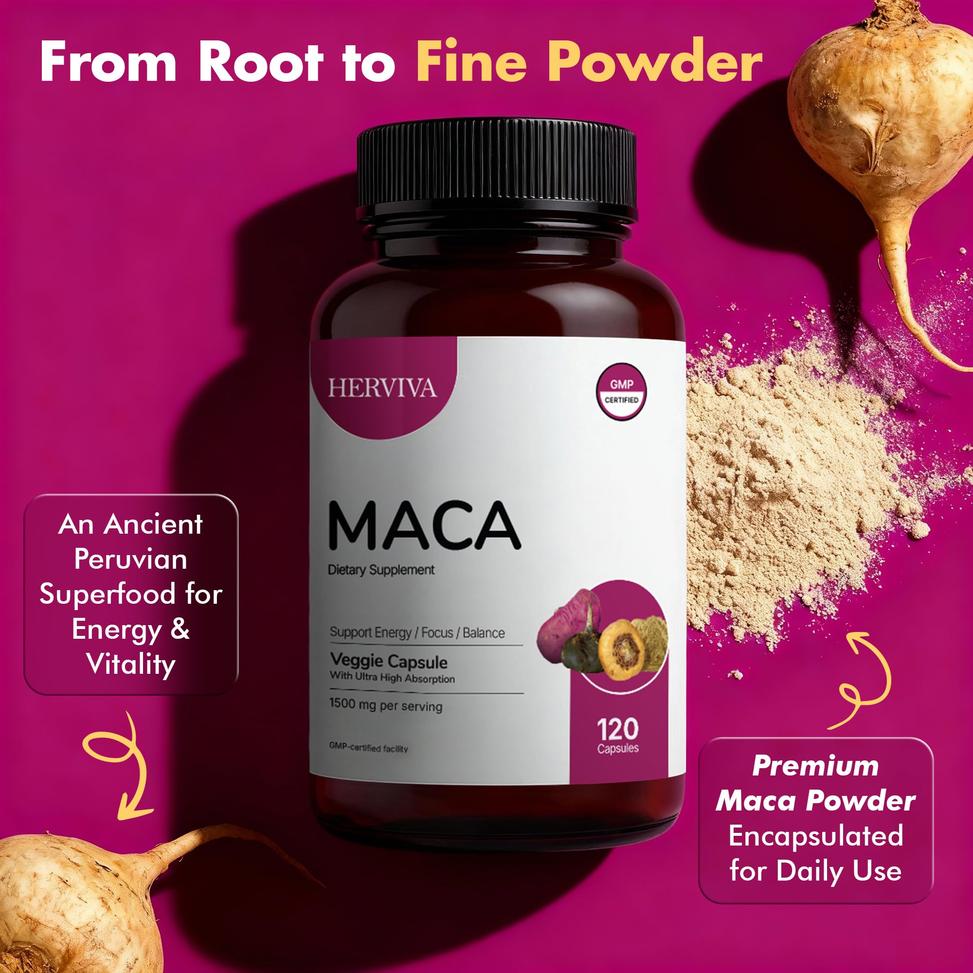 Vegan veggie maca root capsules in bottle