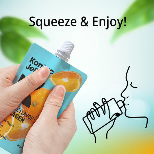 Squeeze pouch of orange konjac jelly