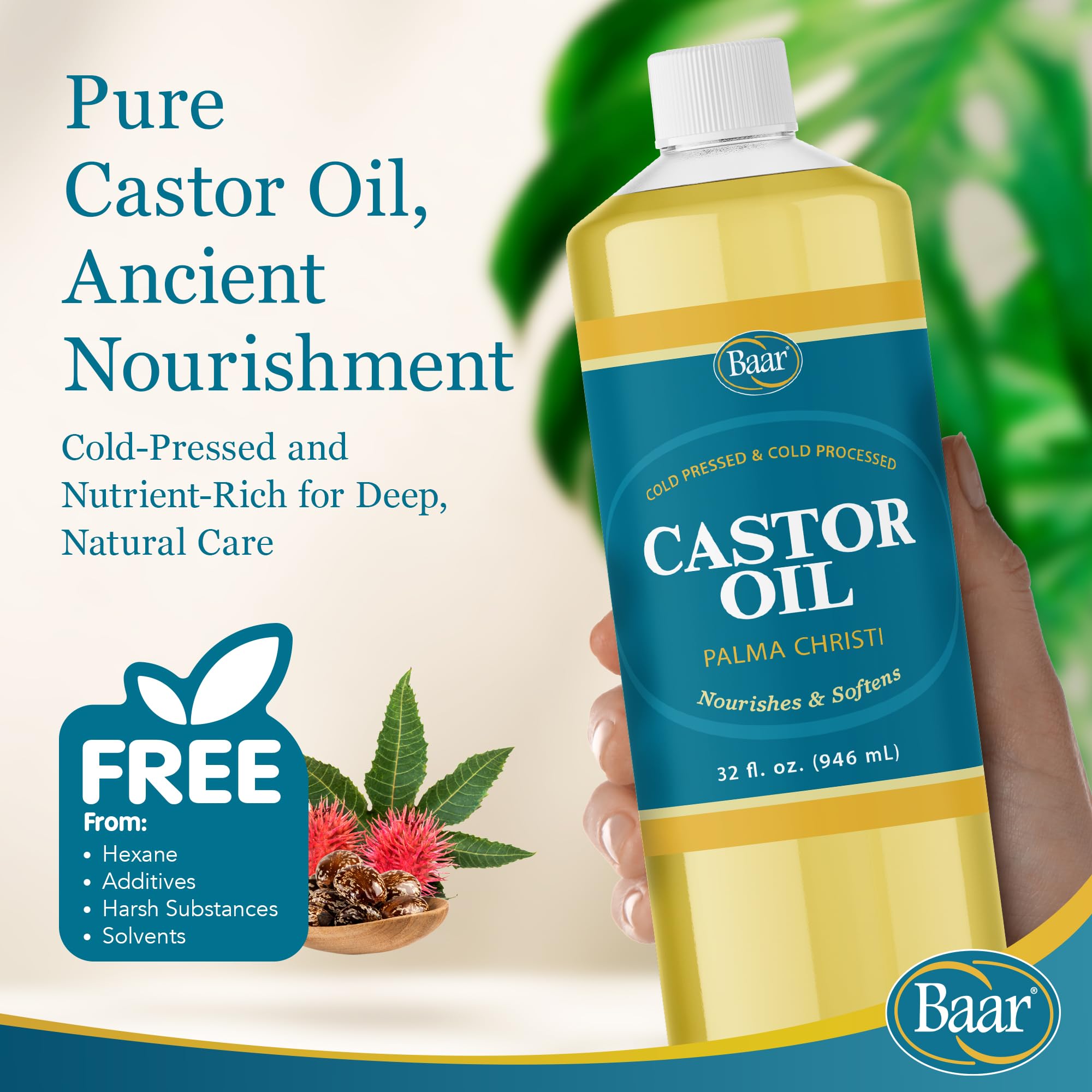 Hexane-free, cold-processed castor oil bottle