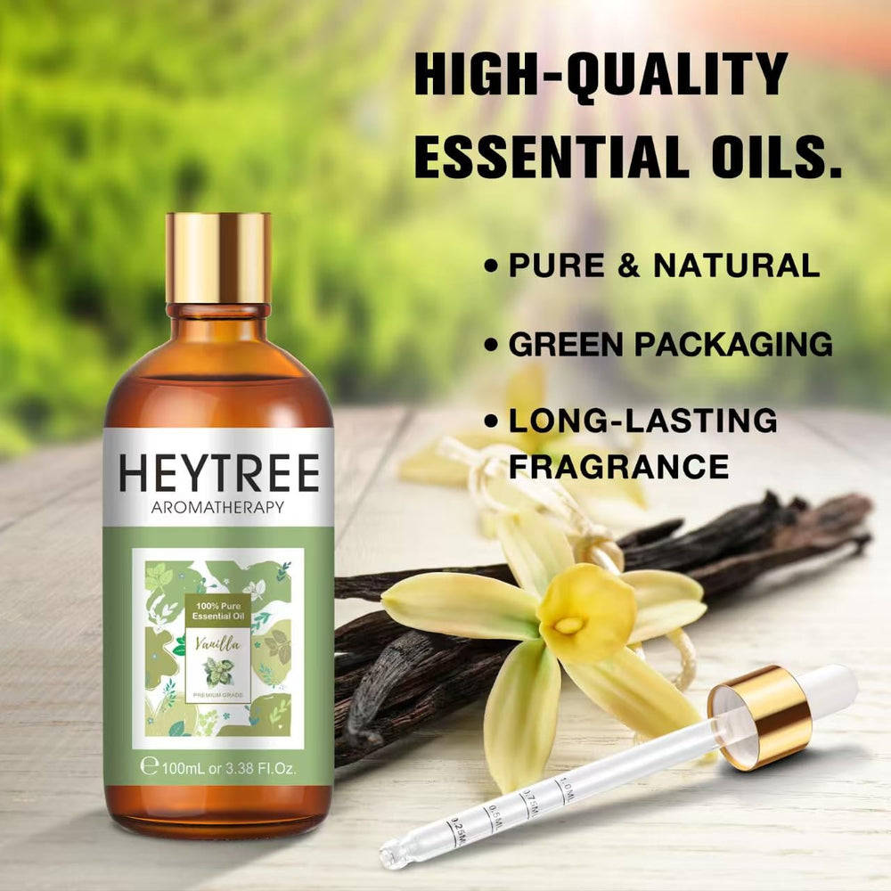 Close-up of vanilla essential oil bottle with dropper