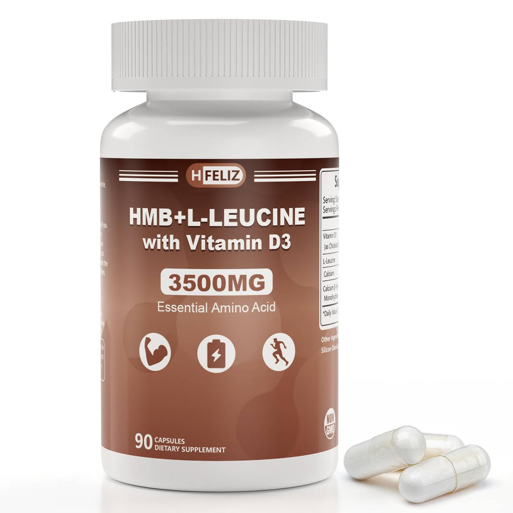 Bottle of HFELIZ HMB and Leucine supplement containing 90 capsules