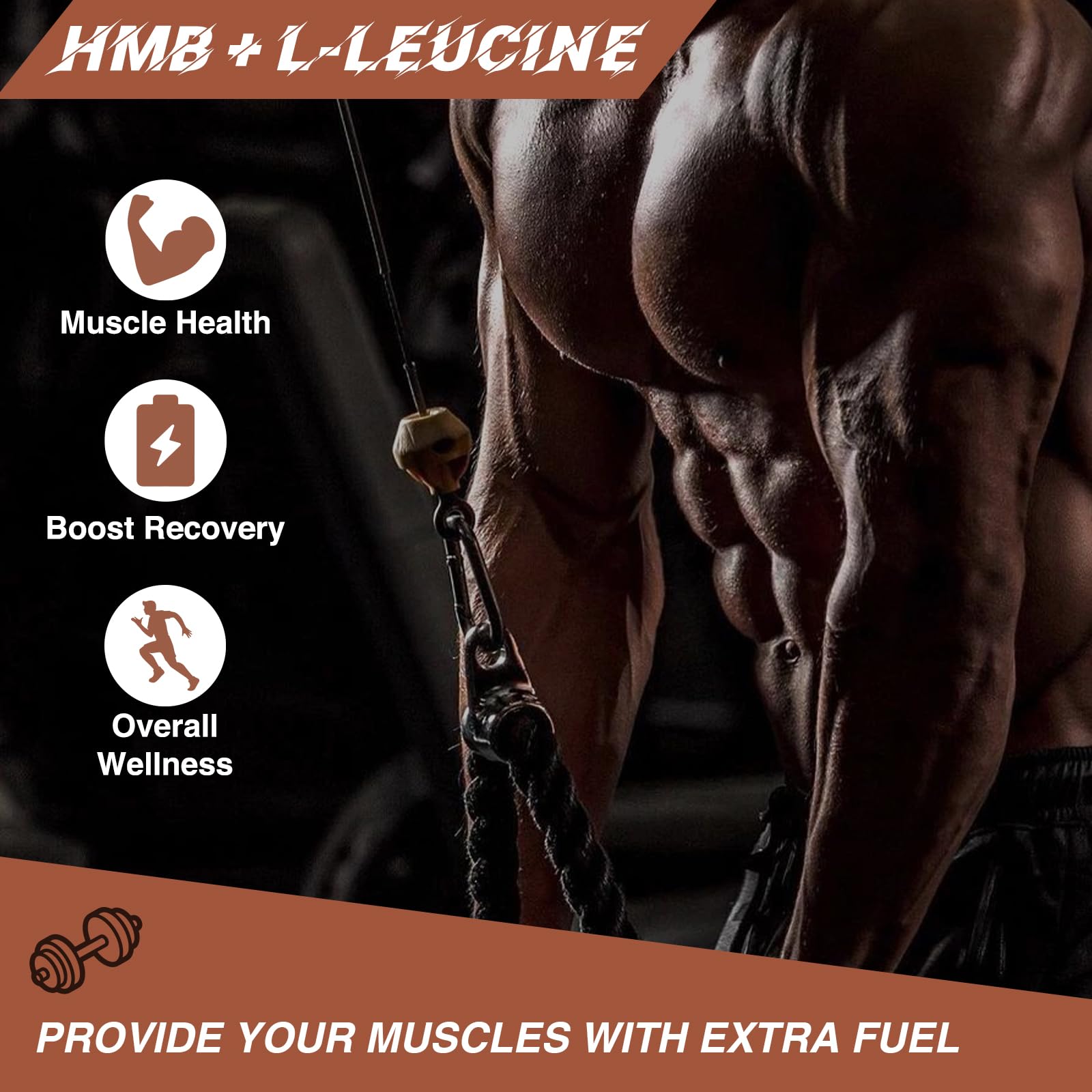 Ingredients panel showing L-Leucine, HMB, and Vitamin D3