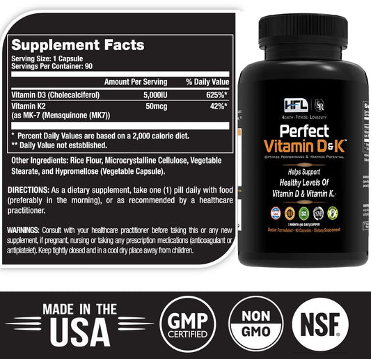 Back view of HFL Perfect Vitamin D&K bottle with supplement facts