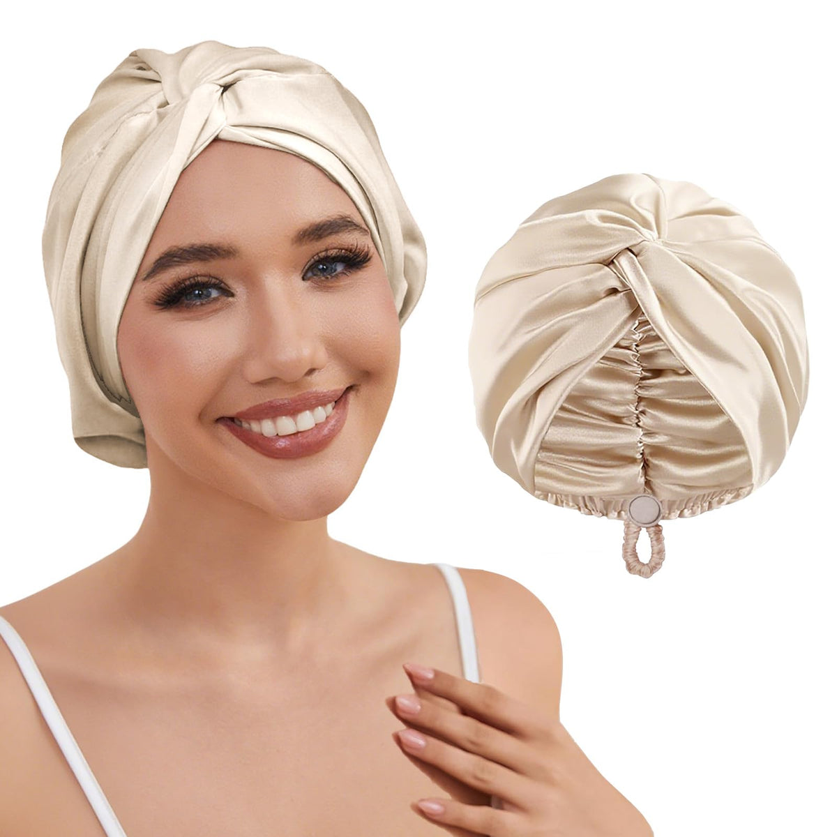 HFRHTGY adjustable silk satin hair bonnet front view showing gentle protective fit.