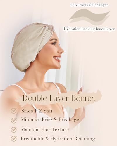 HFRHTGY satin hair bonnet worn in bed highlighting frizz reduction benefits.