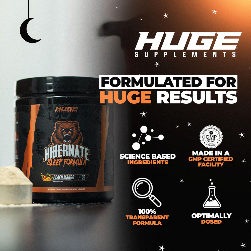 Jar of Hibernate Sleep Supplement with Peach Mango flavor packaging