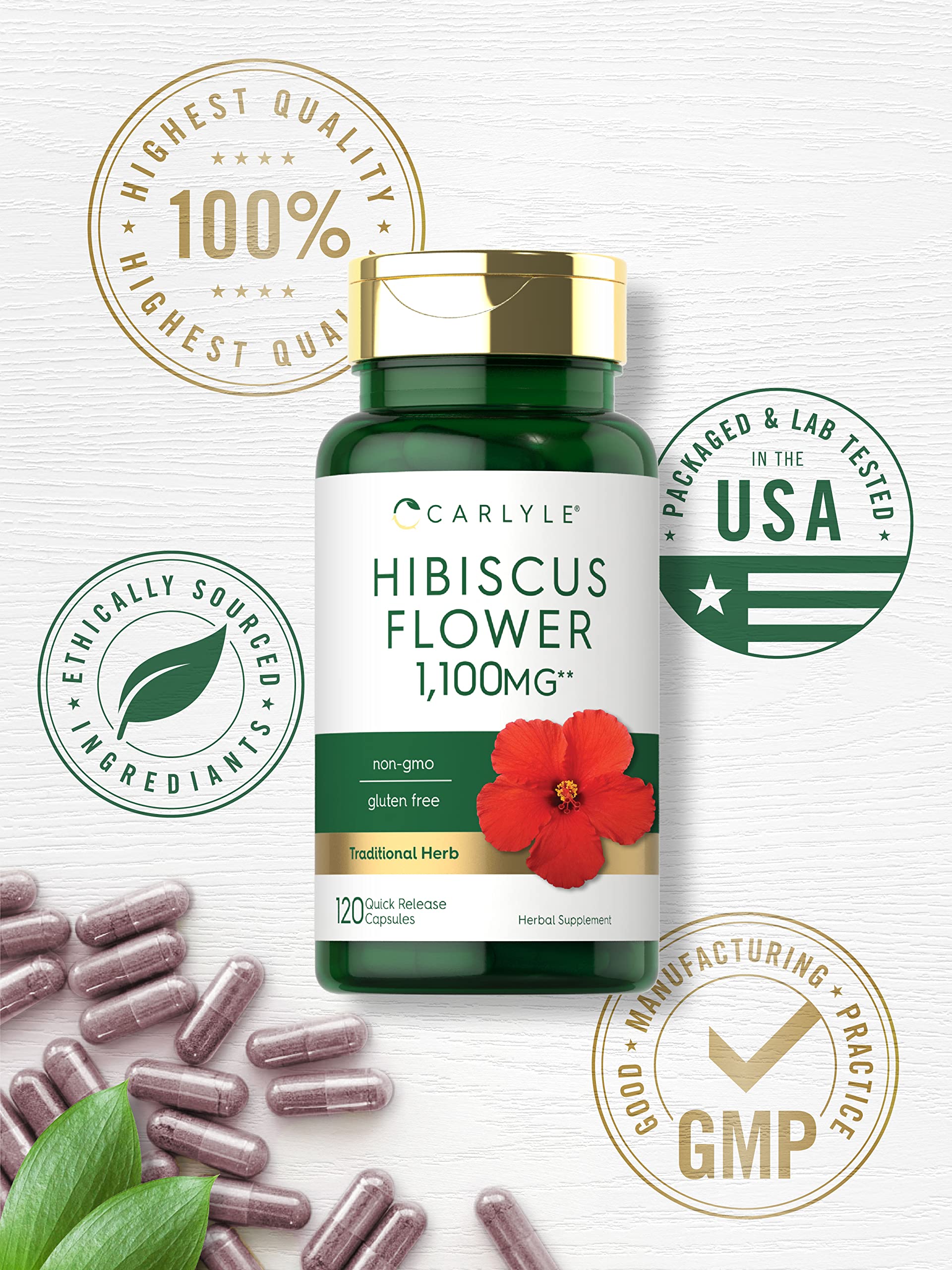 Hibiscus capsules 1100 mg Carlyle bottle close-up