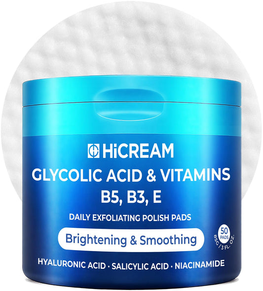 Hicream Glycolic Acid Exfoliating Pads bottle close-up showing cleansing action