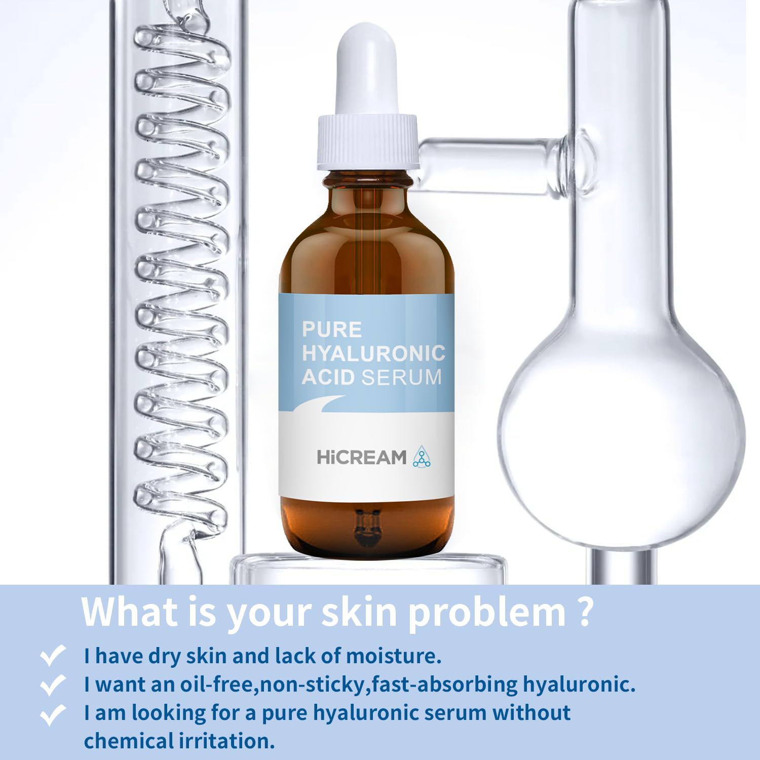 Hicream Hyaluronic Acid Serum texture close-up showing smooth consistency.