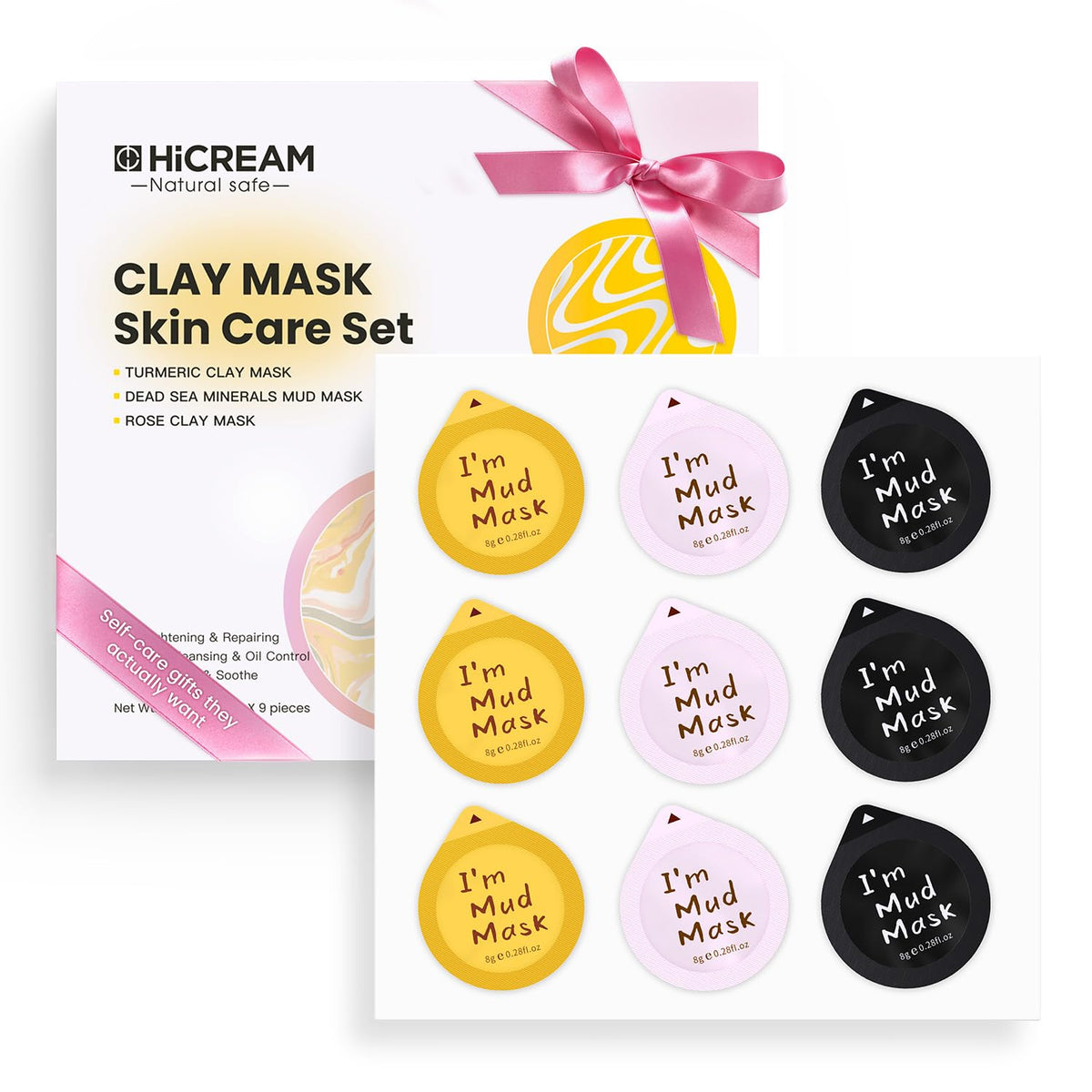 Hicream turmeric clay mask pack with single-use sachets for quick pore cleansing and hydration.