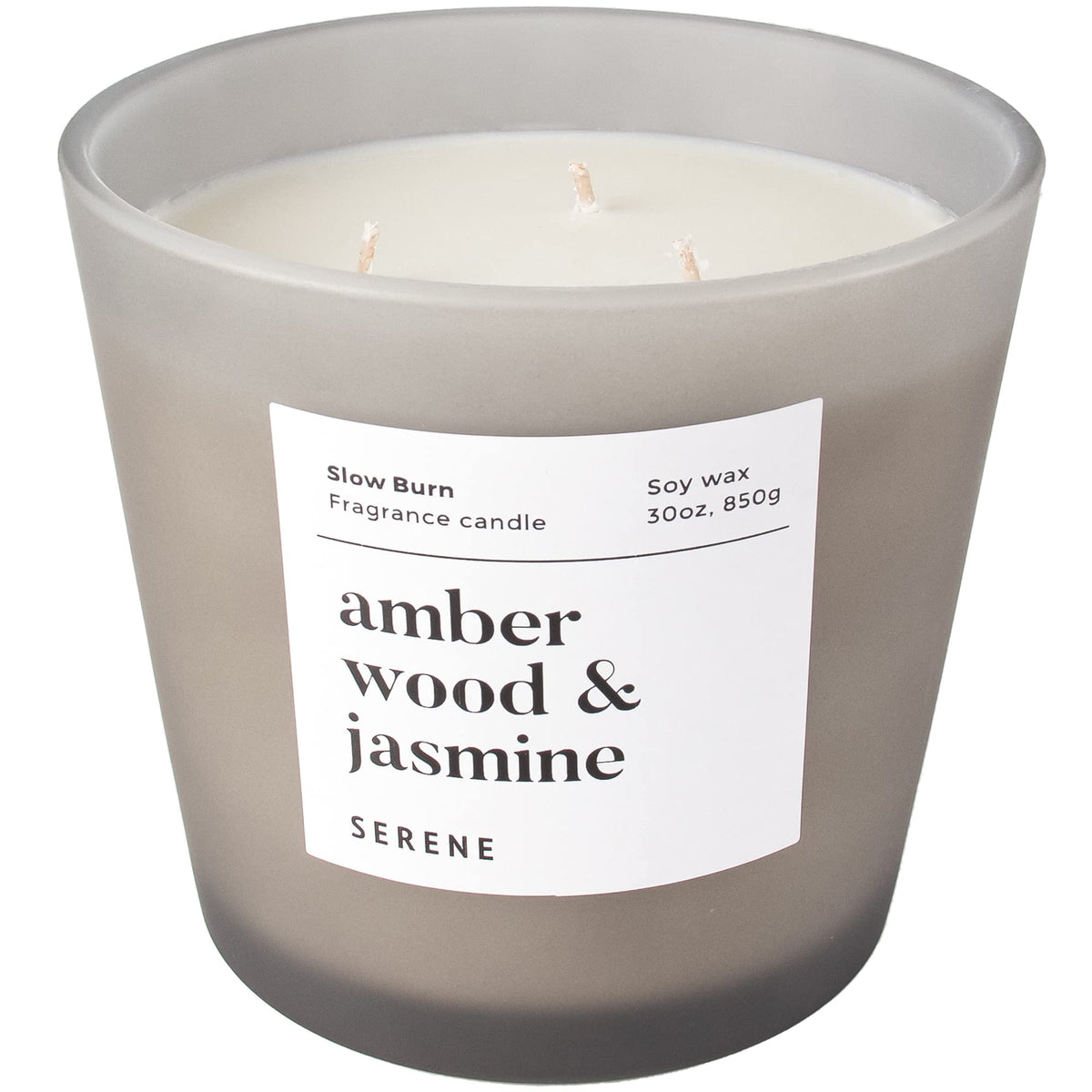 Hidden Label Large Scented Candle 30oz Amber Wood & Jasmine in a large glass jar