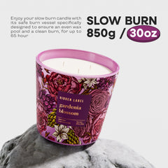 Hidden Label three-wick candle closeup emphasizes strong fragrance throw for open rooms.