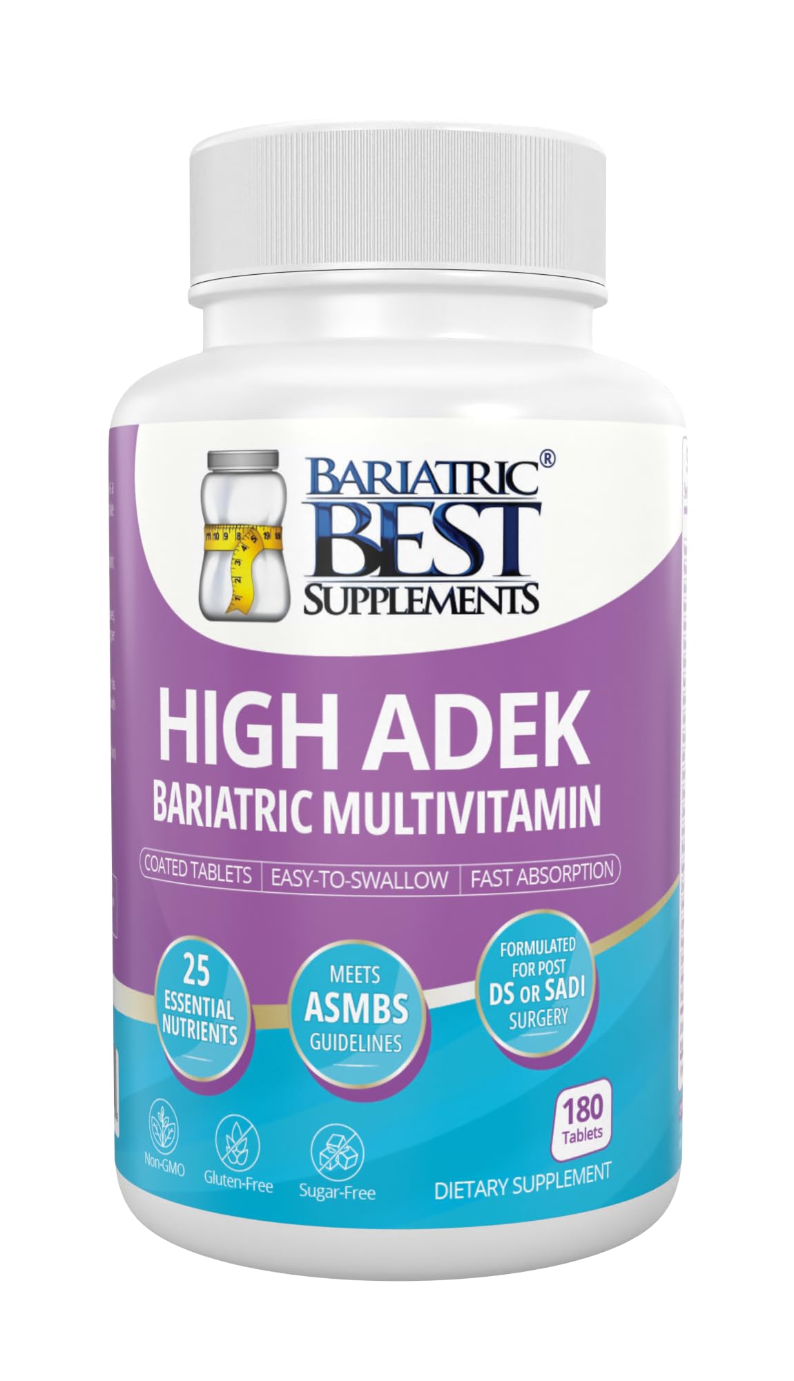 Front view of High ADEK Bariatric Multivitamin bottle