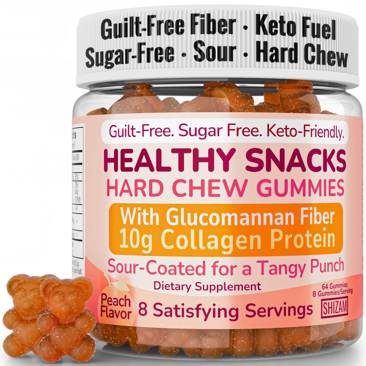 Bottle front of High-Fiber Keto Snacks strawberry gummies