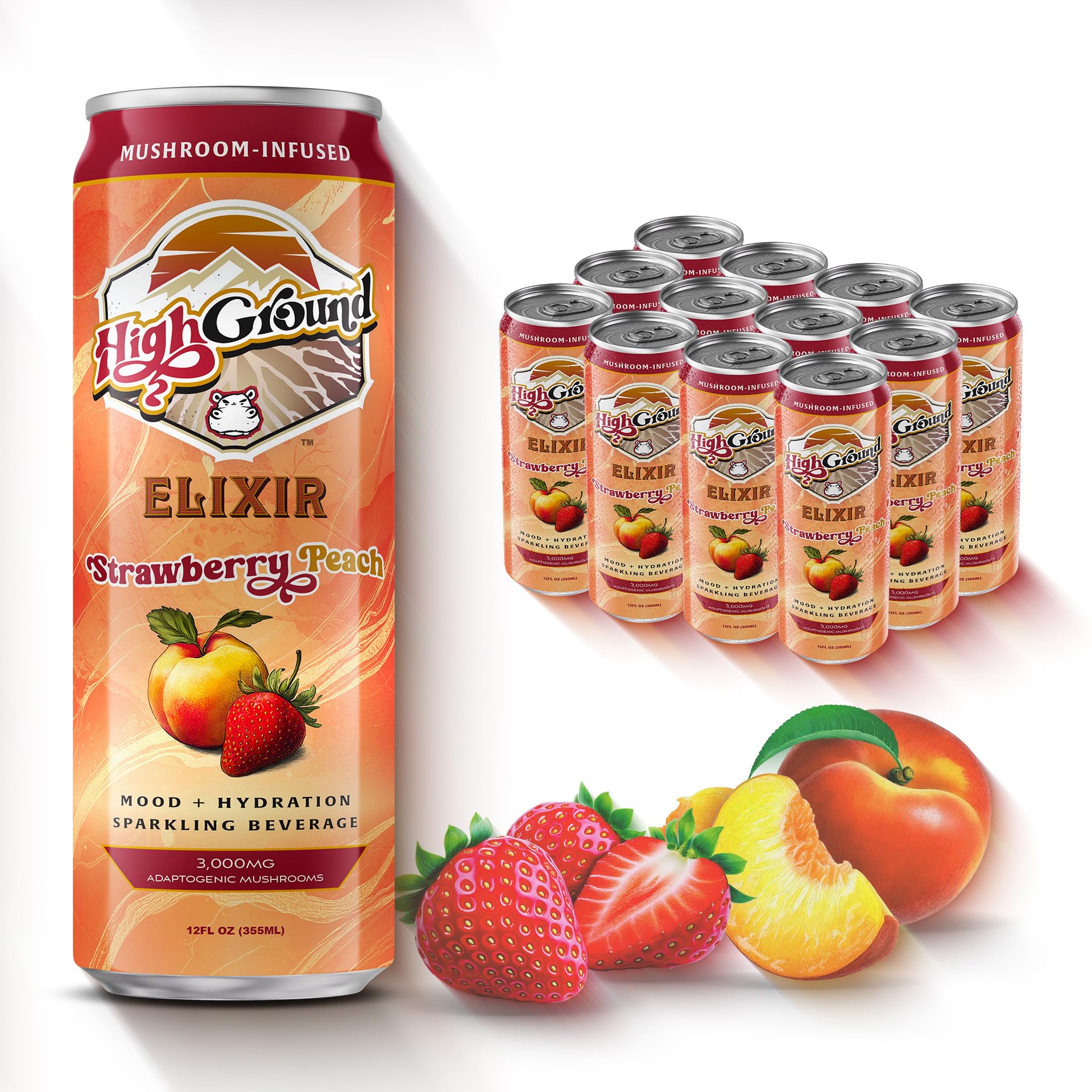 Cans of High Ground Elixir Mushroom Seltzer in Strawberry Peach flavor