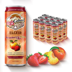 Cans of High Ground Elixir Mushroom Seltzer in Strawberry Peach flavor