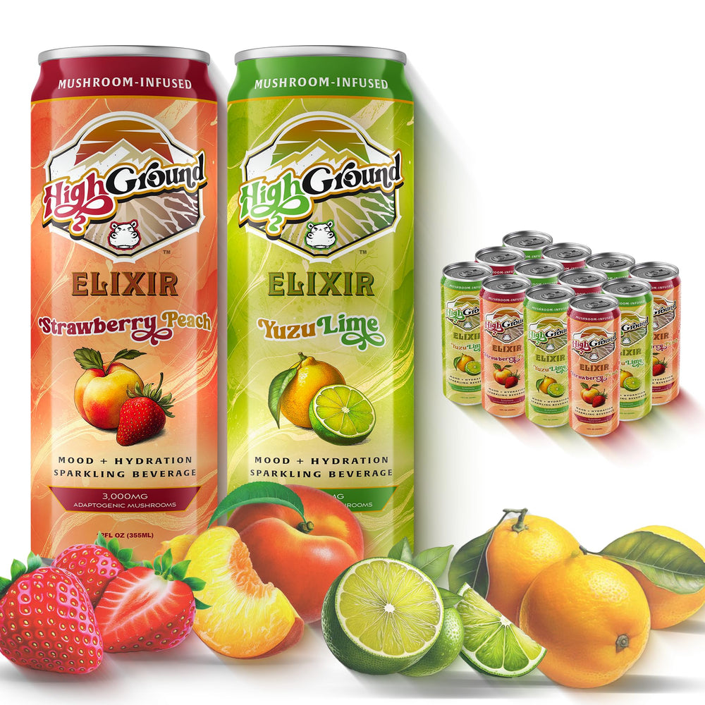 Front view of High Ground Elixir Mushroom Seltzer Variety Pack 12oz cans