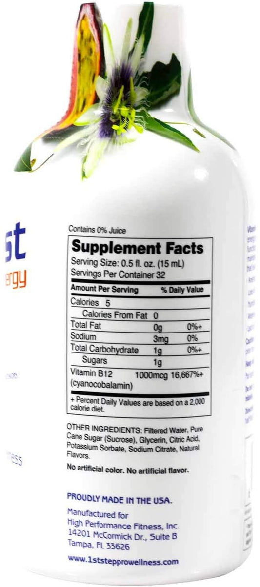Close-up of 1st Step Liquid B-12 Tropical Blast bottle label