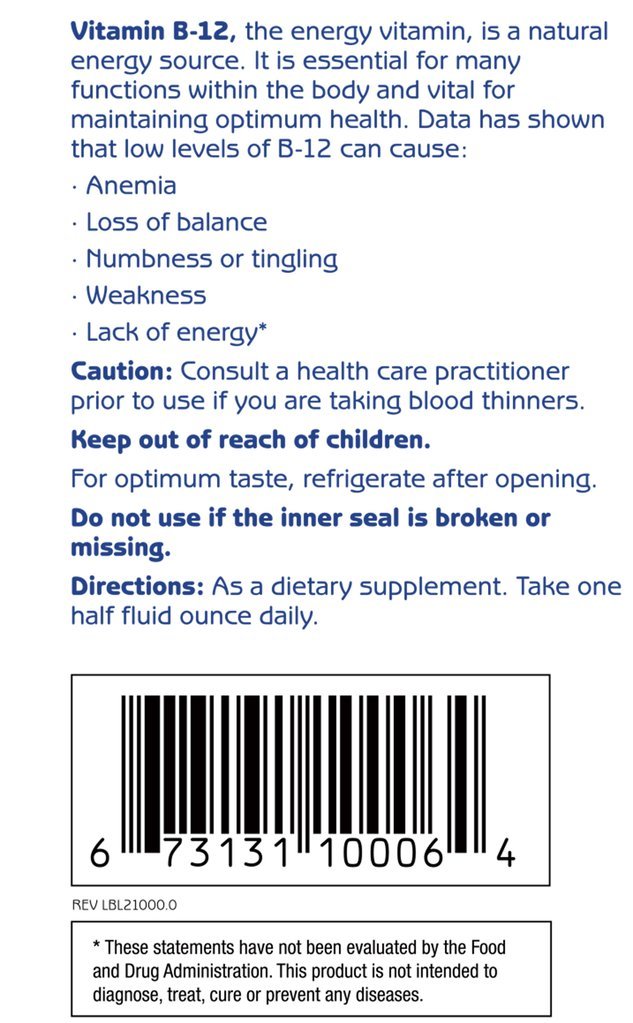 Nutrition and ingredients label for 1st Step Liquid B-12 Tropical Blast