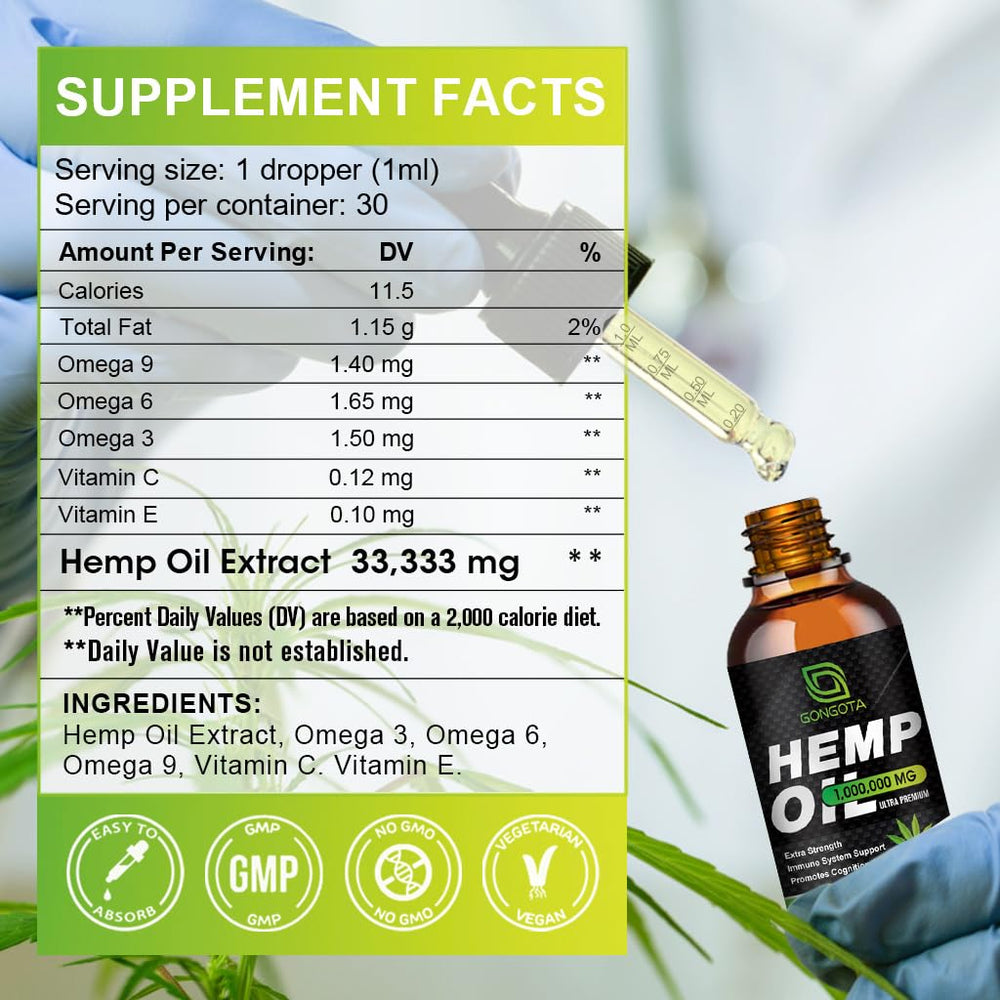 Close-up of high potency hemp oil bottle showing 1,000,000 strength