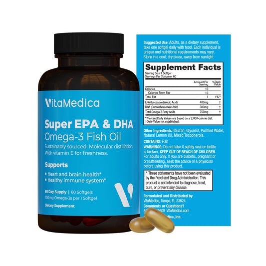 Bottle of high-potency omega-3 fish oil 750mg softgels