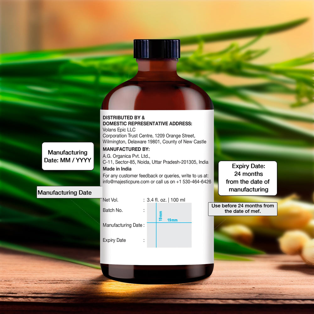 Amber glass bottle containing Majestic Pure Lemongrass Essential Oil.