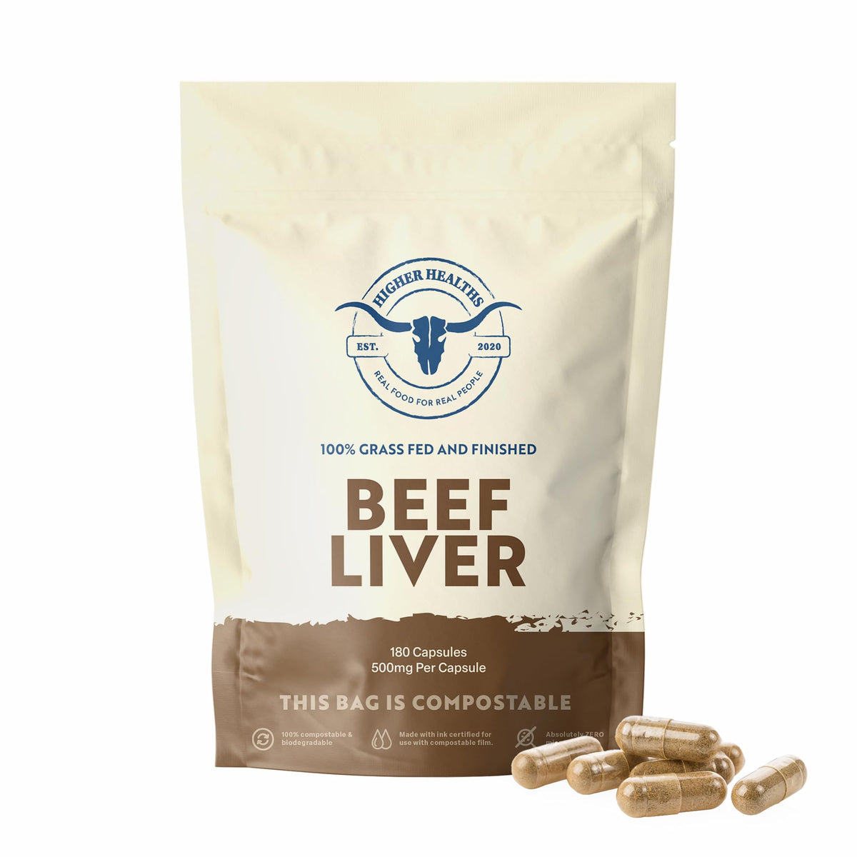 Higher Healths beef liver 180-capsule bag hero image