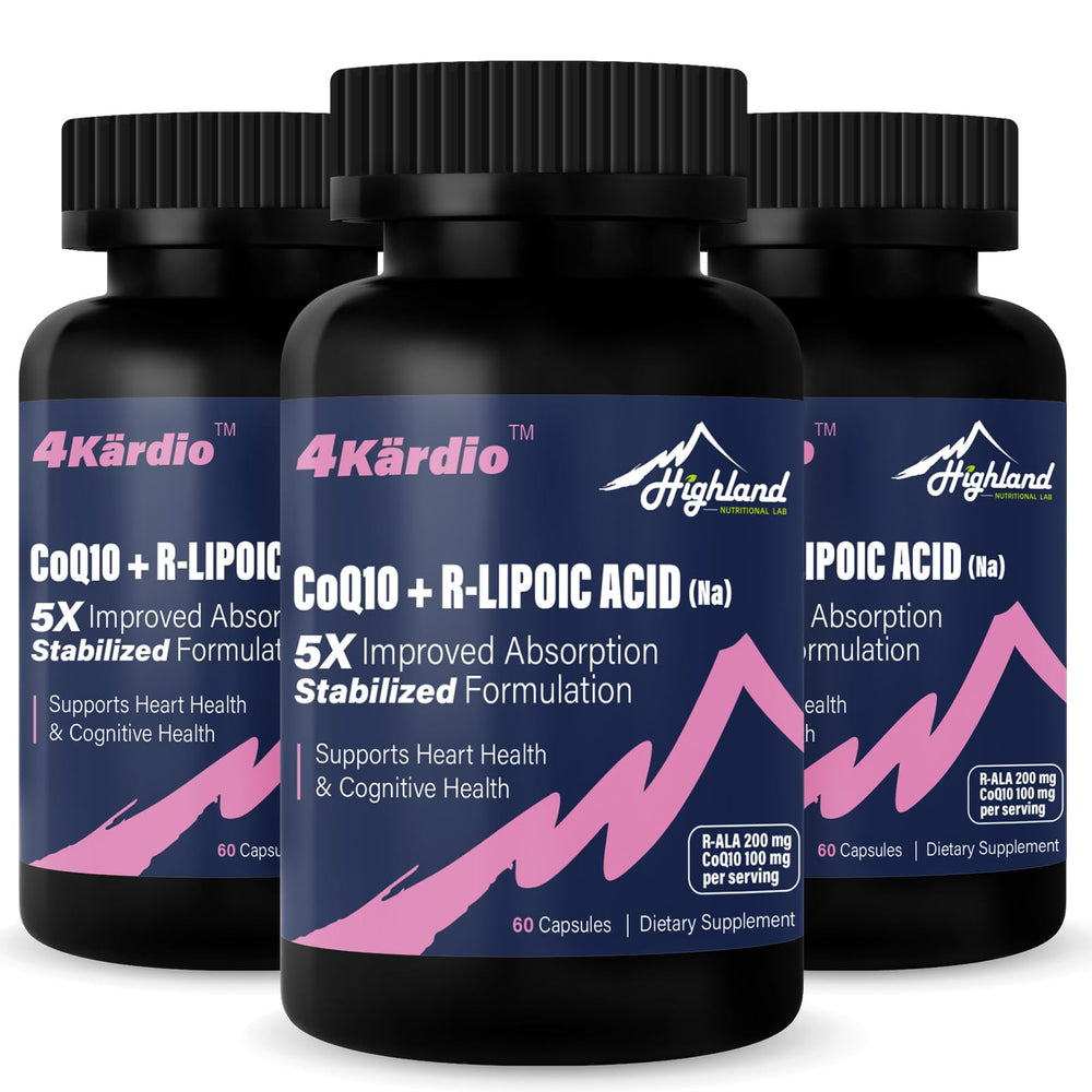 Front bottle view of Highland Nutritional Lab CoQ10 + R-Lipoic Acid