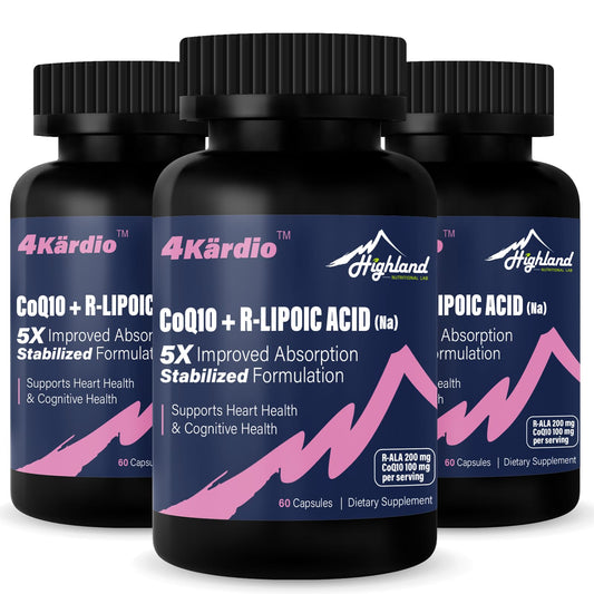 Front bottle view of Highland Nutritional Lab CoQ10 + R-Lipoic Acid