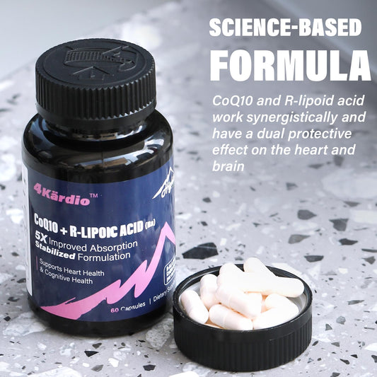 Label close-up showing CoQ10 100mg and R-Lipoic Acid 200mg