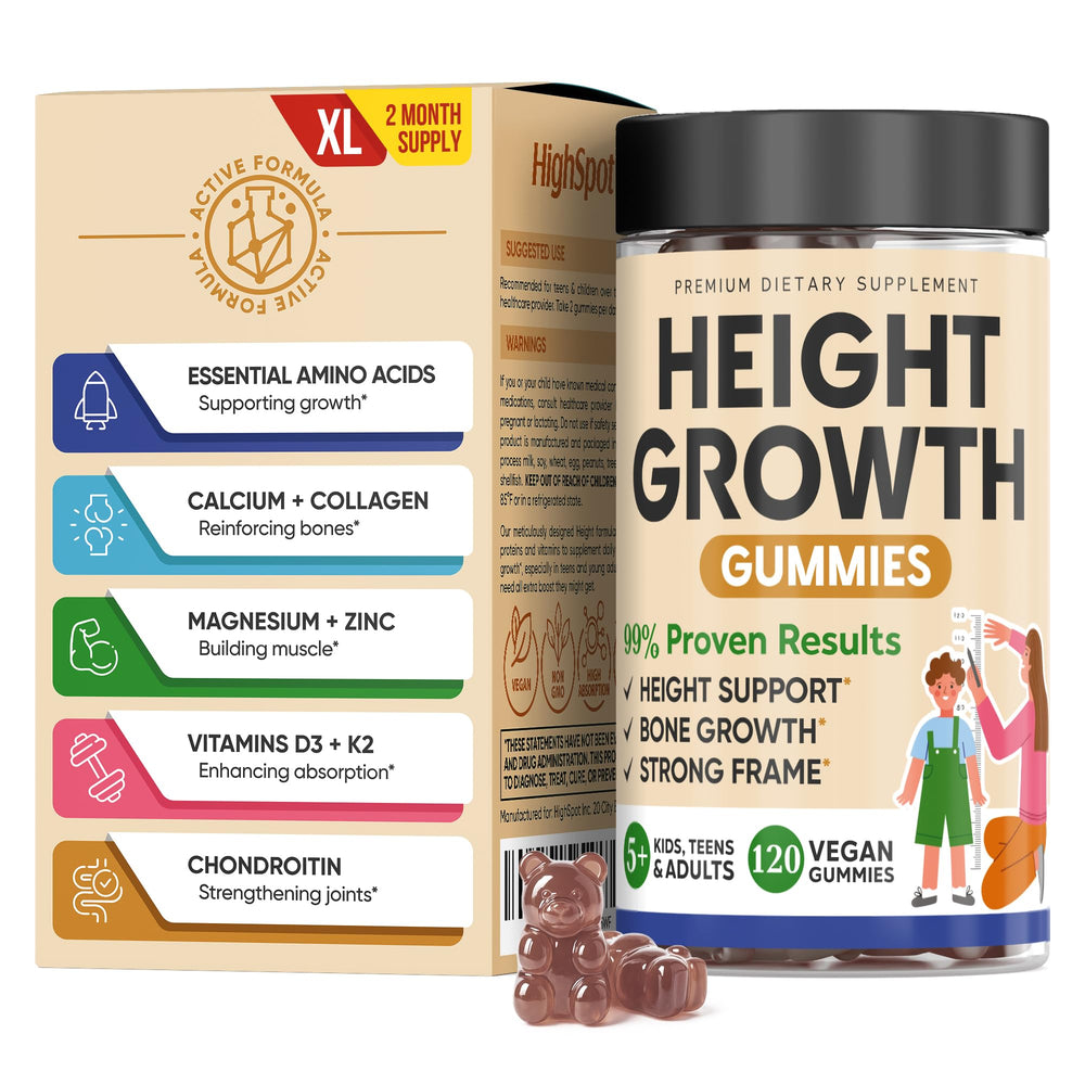 HighSpot Height Growth Gummies bottle close-up with colorful chews for growth support