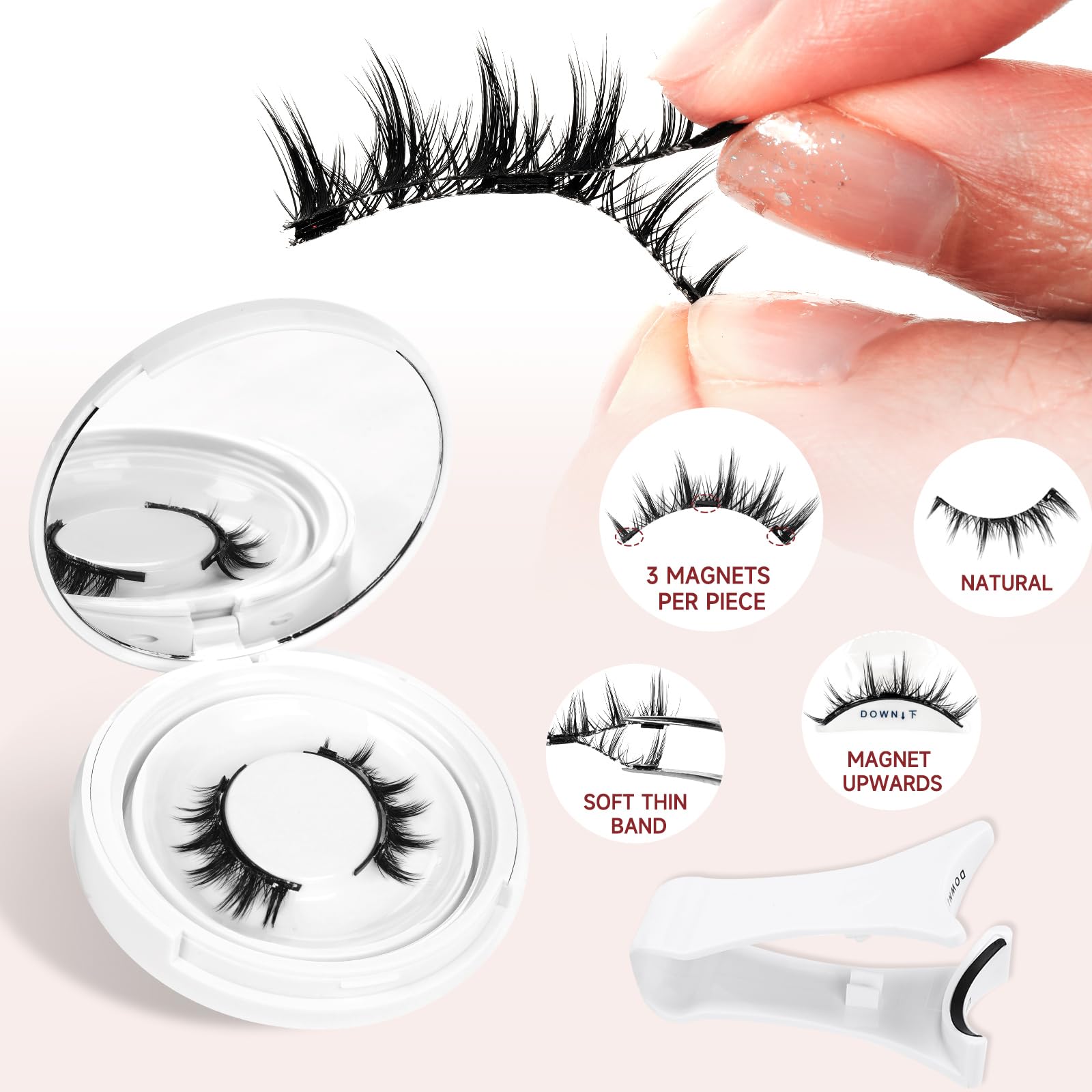 Higu clace easy-on, easy-off lashes in seconds with a magnetic system.