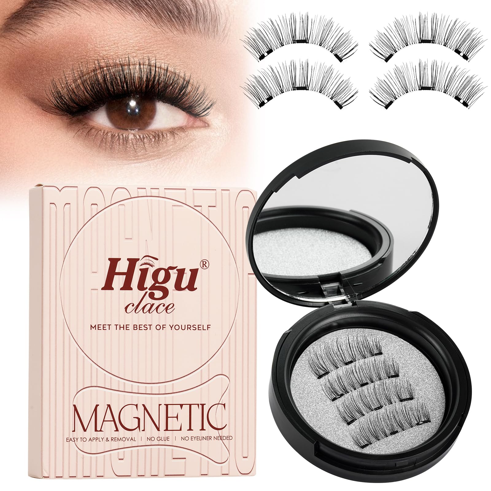 Higu Clace magnetic eyelashes with applicator for quick, glue-free wear.