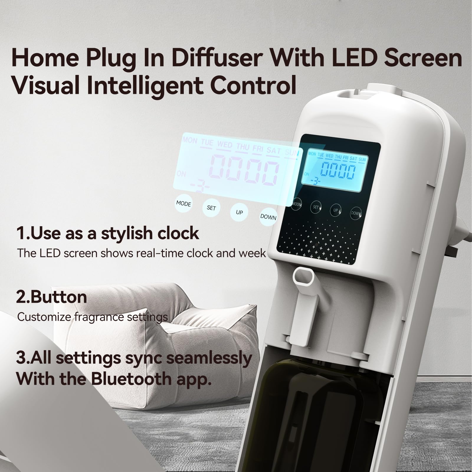 Close-up of diffuser with LED display and white oil bottle.