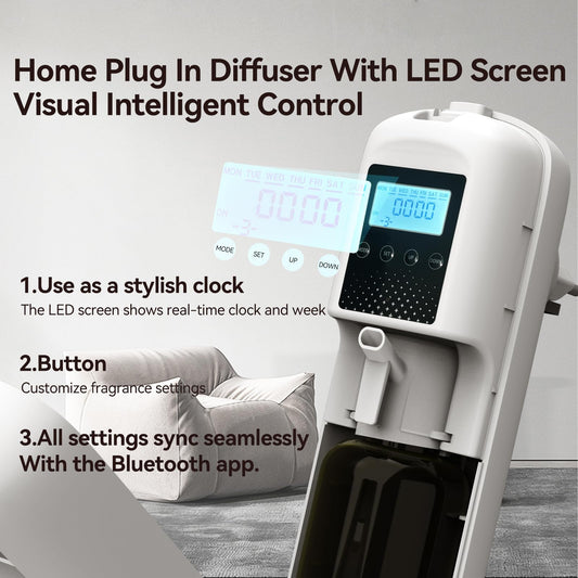 Close-up of diffuser with LED display and white oil bottle.
