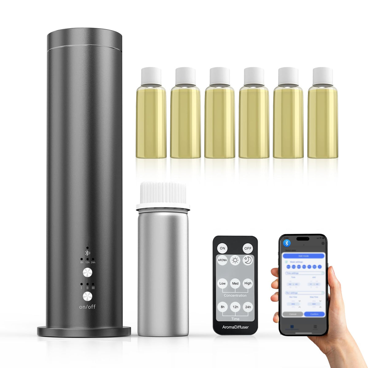 Hijoc waterless diffuser front view in black, space-saving design.