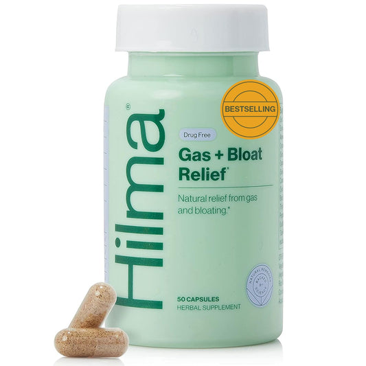 Hilma Gas & Bloat Relief bottle front showing natural, clean-label capsules for digestive comfort.